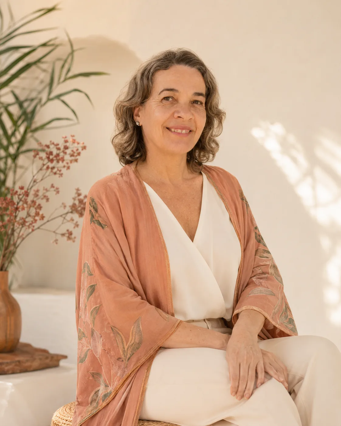 Aurì Filha sentada em ambiente luminoso, com kimono terracota, em postura de acolhimento e tranquilidade
